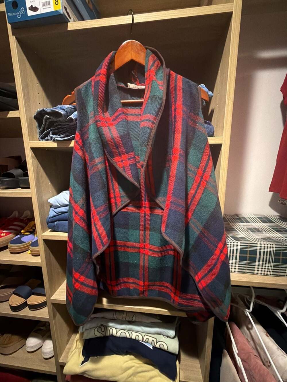 PEACH LOVE womens small red green blue plaid tartan open front vest